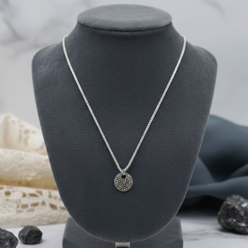 VINTAGE Marcasite Pave Disc Pendant Necklace 925 Sterling Silver ITALY Art Deco